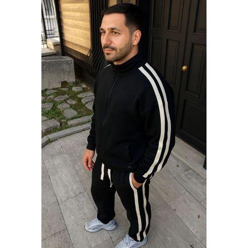 Erkek Çift Şeritli Eşofman Takım Dik Yaka Fermuarlı Sweatshirt Boru Paça Alt, Oversize 3 Iplik Pamuklu - Siyah