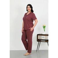 Kadın Büyük Beden Pamuklu Cepli Düğmeli Mor Pijama Takım