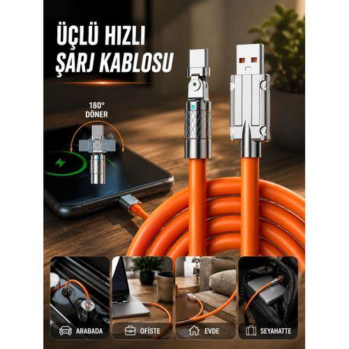 3 İn 1 Süper Hızlı Şarj Kablosu Android Ve İos Uyumlu Silikon Şarj Kablosu