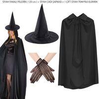 120 cm Siyah Yakalı Cadı Pelerini Cadı Şapkası ve 1 Çift Siyah Kısa File Tüm Eldiven Seti 3 Parça
