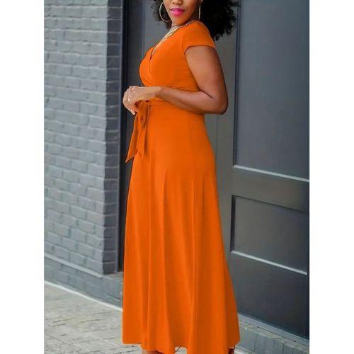 Kadın Kısa Kollu V Yakalı Belden Kuşaklı Maksi Boy Viskon Elbise