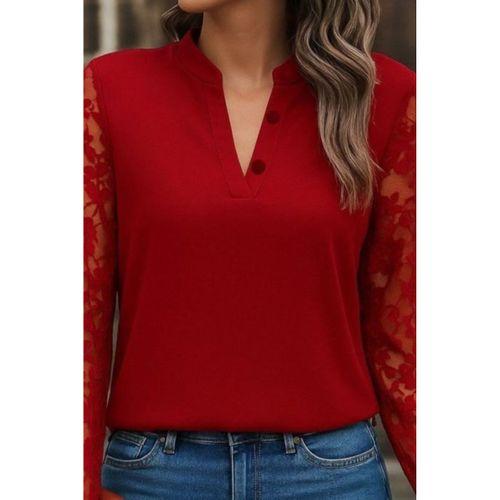 Kadın Uzun Kollu Yaka Düğme Detay Güpürlü Kol Krep Bluz