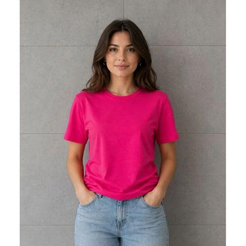 Basic Pamuklu Tişört Bisiklet Yaka Düz Renk Relaxed Fit T-Shirt - Fuşya