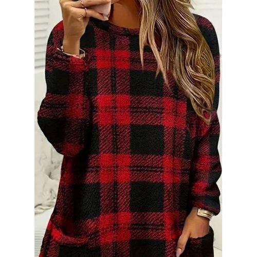 Kadın Uzun Kollu Yarı Balıkçı Yakalı Cep Detaylı Ekoseli Dokuma Tunik