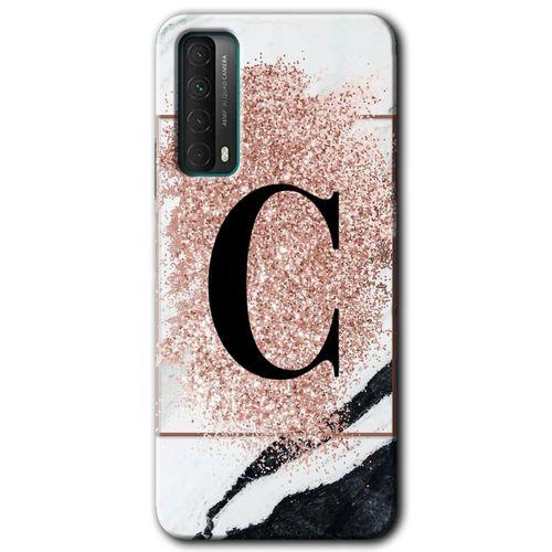 MRCİLETİSİM Huawei P Smart 2021 Kılıf Baskılı Kapak - Pembe Mermer Desenli C Harfi +Tam Kaplayan Mat Seramik