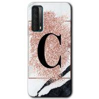 MRCİLETİSİM Huawei P Smart 2021 Kılıf Baskılı Kapak - Pembe Mermer Desenli C Harfi +Tam Kaplayan Mat Seramik