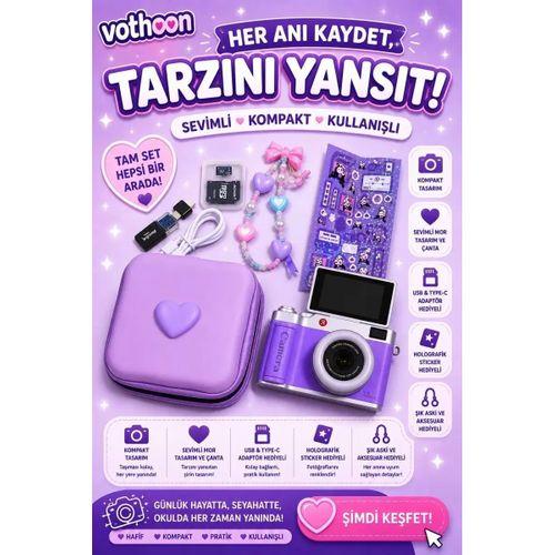 4k Çantalı Dijital Retro Video Kamera 48mp 16x Zoom Işıklı (32gb) Kart Dijital Fotoğraf Makinesi Mor