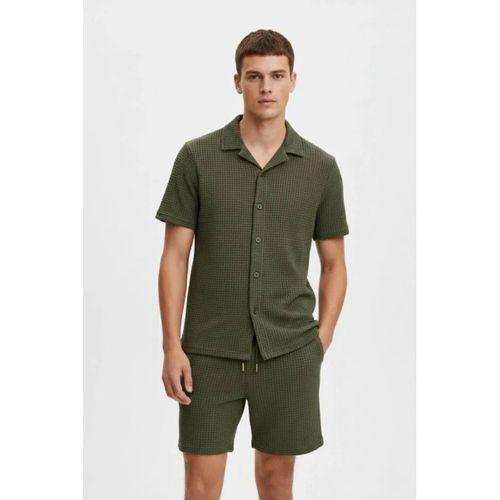 Erkek Waffle Kumaş Kısa Kollu Gömlek Şort Takım Regular Fit Yazlık İkili Set - Haki