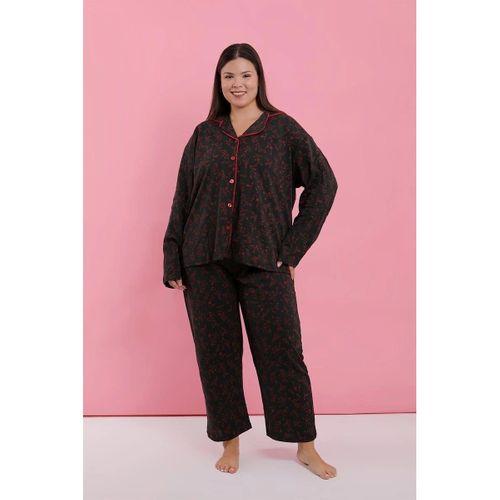 Kadın Büyük Beden Siyah Kırmızı Çiçekli Düğmeli Pijama Takımı