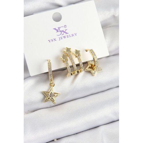 Pirinç Zİrkon Taşlı Sallantılı Yıldız Model Gold Renk 3'lü Kadın Küpe