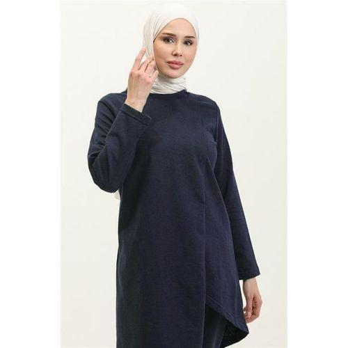 Kruvaze Bisiklet Yaka Sade Basic Tunik Panolon İkili Takım - 03076.202 - Açık Lacivert