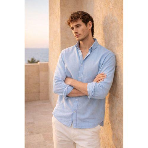 Scott – Soft Dokulu Yarım Oversize Modern Keten Görünümlü Erkek Gömlek- Soğuk Mavi