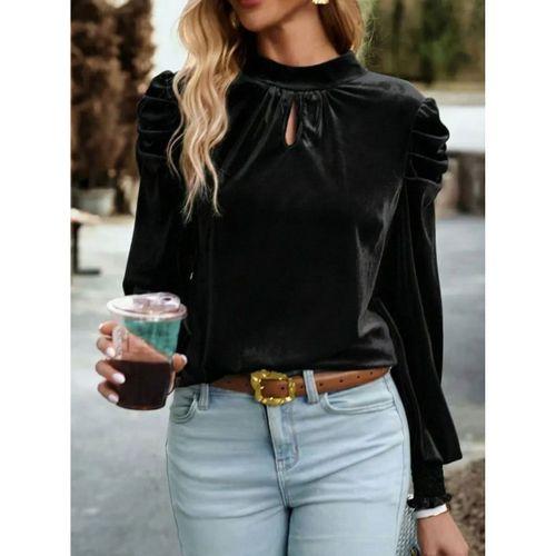 Kadın Uzun Kollu Balıkçı Yaka Damla Detaylı Kadife Bluz