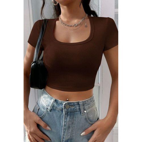 Kadın Kahverengi Şık Kesim Yarım Kol Crop Bluz