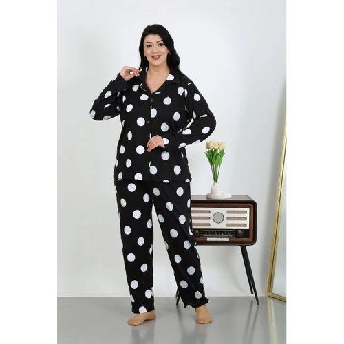 Kadın Büyük Beden Pamuklu Cepli Düğmeli Siyah Pijama Takım