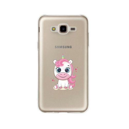 Samsung J7 Pembe Unicorn Desenli Premium Şeffaf Silikon Kılıf