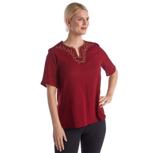 Şile Bezi Kısa Kol Bordo Nakışlı V Yaka Yazlık Otantik Bluz