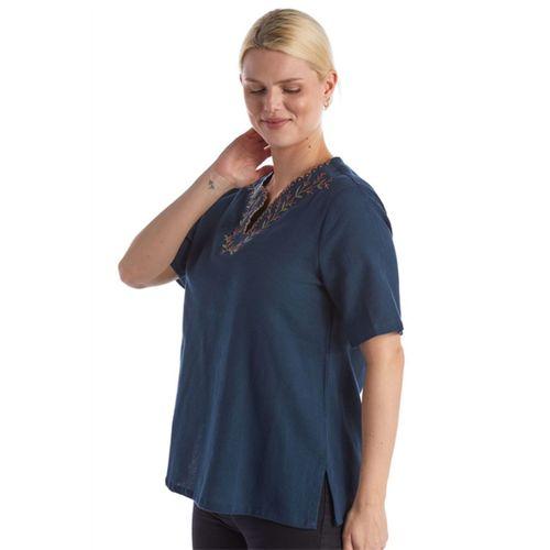 Şile Bezi Kısa Kol Petrol Nakışlı V Yaka Yazlık Otantik Bluz