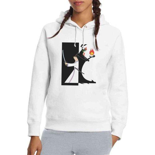 Samurai Jack Baskılı Beyaz Kadın Kapşonlu Sweatshirt