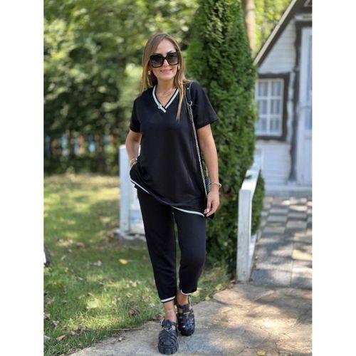 Kadın Kısa Kollu V Yakalı Iki Iplik Bluz Ve Pantolon Ikili Takım