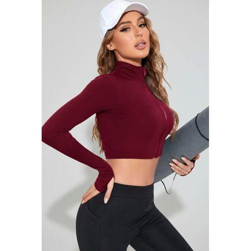 Bordo Dik Yaka Fermuarlı Uzun Kollu Parmak Geçmeli Crop Top Spor Bluz