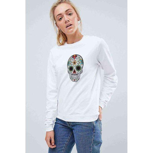 Watercolor Tattooed Skull Baskılı Beyaz Kadın Sweatshirt