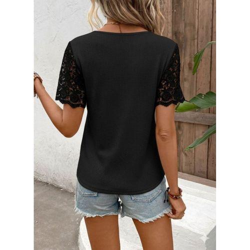 Kadın Kısa Kollu V Yakalı önden Düğmeli Dantel Detaylı Waffle Bluz