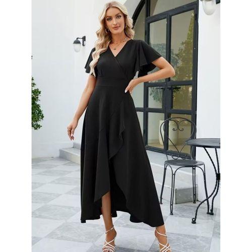 Kadın Kısa Kollu Kruvaze Yakalı ön Asimetrik Volanlı Uzun Ithal Krep Elbise