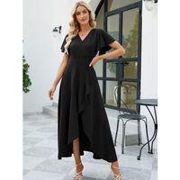 Kadın Kısa Kollu Kruvaze Yakalı ön Asimetrik Volanlı Uzun Ithal Krep Elbise