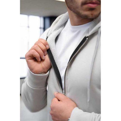 İçi Peluş Üç İplik Kumaş Oversize Fermuarlı Kapüşonlu Sweatshirt- Mineral Gri