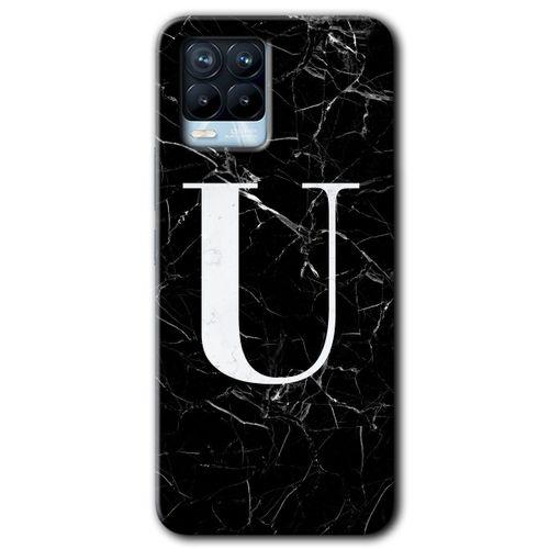 Realme 8 Pro Kılıf Baskılı Arka Kapak - Siyah Mermer Desenli U Harfi +Tam Ekran Koruyucu