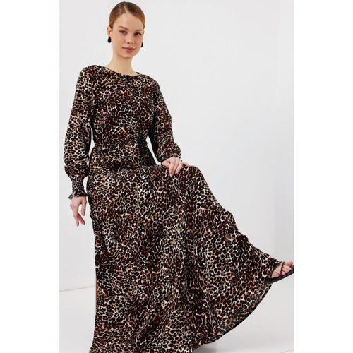 2145 Desenli Tesettür Elbise - C. Kahverengi