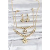Gold Renk Pirinç Kolye Bileklik ve Küpe Seti