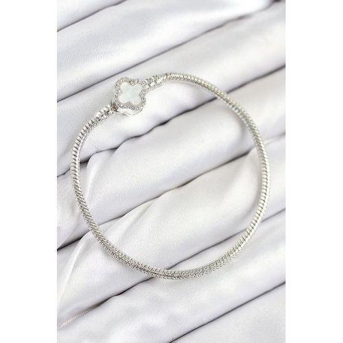 Pirinç Charm Zirkon Taşlı Yonca Model Gümüş Renk Kadın Bileklik