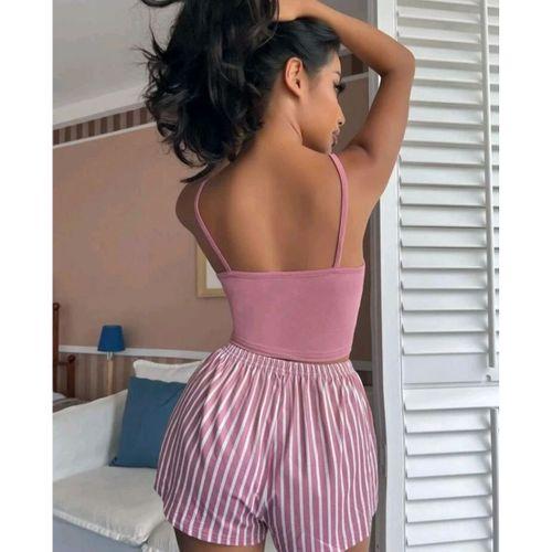 Kadın Pembe Çizgili Desen Askılı Şortlu Pijama Takımı Rahat Şık 2’li Set