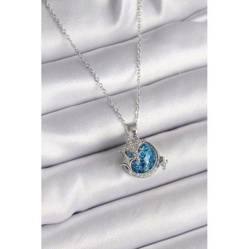 pilelistore 316L Çelik Gümüş Renk Zincir Zirkon Taşlı Mavi Simli Gezegen Figür Yıldız Detay Kadın Kolye - TJ-BKO9578