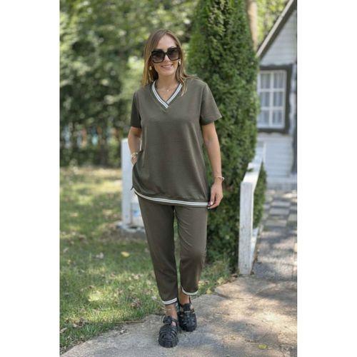 Kadın Kısa Kollu V Yakalı Iki Iplik Bluz Ve Pantolon Ikili Takım