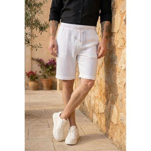 Hafif ve Rahat Duble Paça Müslin Erkek Şort - Beyaz
