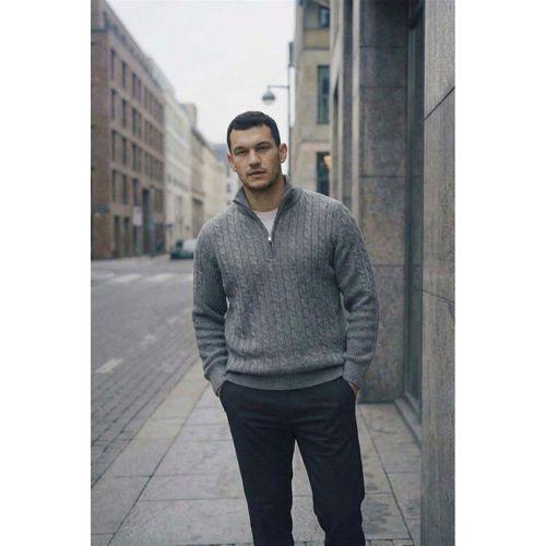 Bardem Saç Örgülü Yarım Fermuar Erkek Triko Kazak - Füme