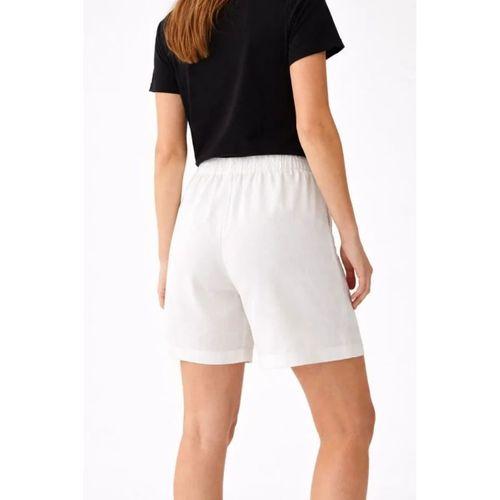 Keten Kumaş Cepli Rahat Kesim Bel Lastikli Şort - Beyaz