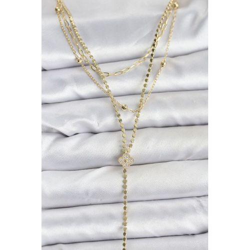 Pirinç Gold Renk Zirkon Taşlı Yonca Model Detaylı 3'lü Kombin Y Kadın Kolye