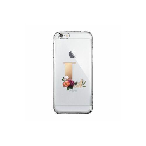 iPhone 6 / 6s Şeffaf Kılıf Gold Renkli Çiçekli L Harfli Desenli