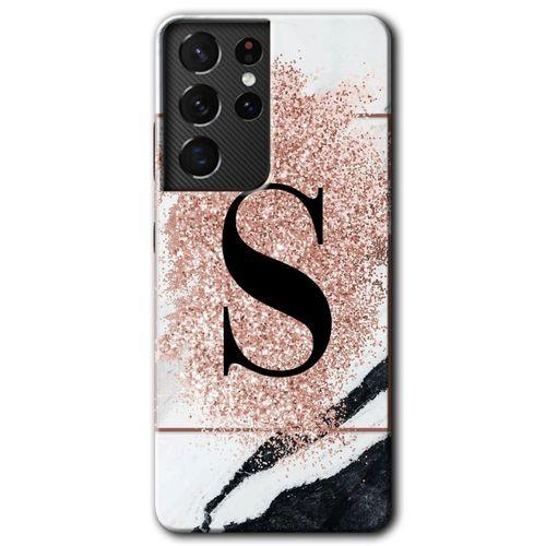 MRCİLETİSİM Samsung Galaxy S21 Ultra Kılıf HD Desen Baskılı Arka Kapak + Temperli Cam - Pembe Mermer Desenli S Harfi
