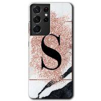 MRCİLETİSİM Samsung Galaxy S21 Ultra Kılıf HD Desen Baskılı Arka Kapak + Temperli Cam - Pembe Mermer Desenli S Harfi