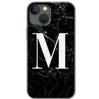 MRCİLETİSİM iPhone 13 Kılıf Baskılı Kapak - Siyah Mermer Desenli M Harfi + 5D Tam Kaplayan Cam