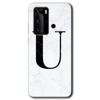 MRCİLETİSİM Huawei P40 Pro Kılıf HD Desen Baskılı Arka Kapak + Temperli Cam - Beyaz Mermer Desenli Ü Harfi