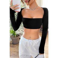 Kadın Siyah Uzun Kol Göğüs Ve Sırt Dekolteli Crop Top Bluz