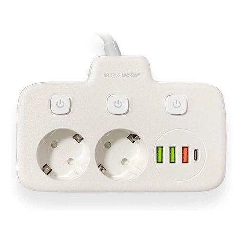 Akım Korumalı 2’li Ayrı Anahtarlı Priz, 2x Priz, 3x Usb, 1x Type-c, 2 Mt Kablo, Hızlı Şarj