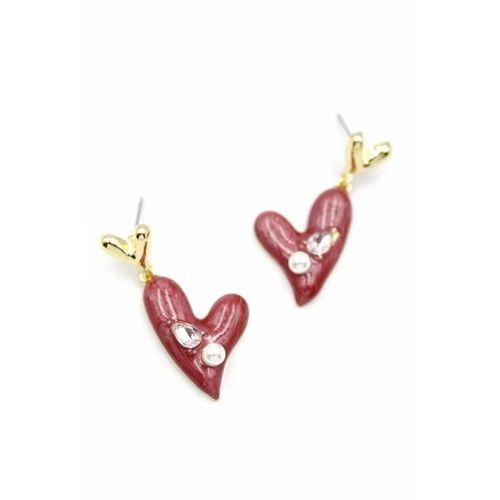 Mineli Kalp Küpe - Bordo