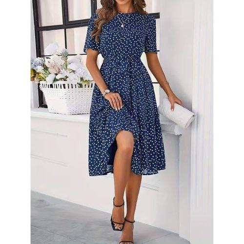 Kadın Kısa Kollu Bisiklet Yakalı Puantiyeli Kısa Süprem Elbise